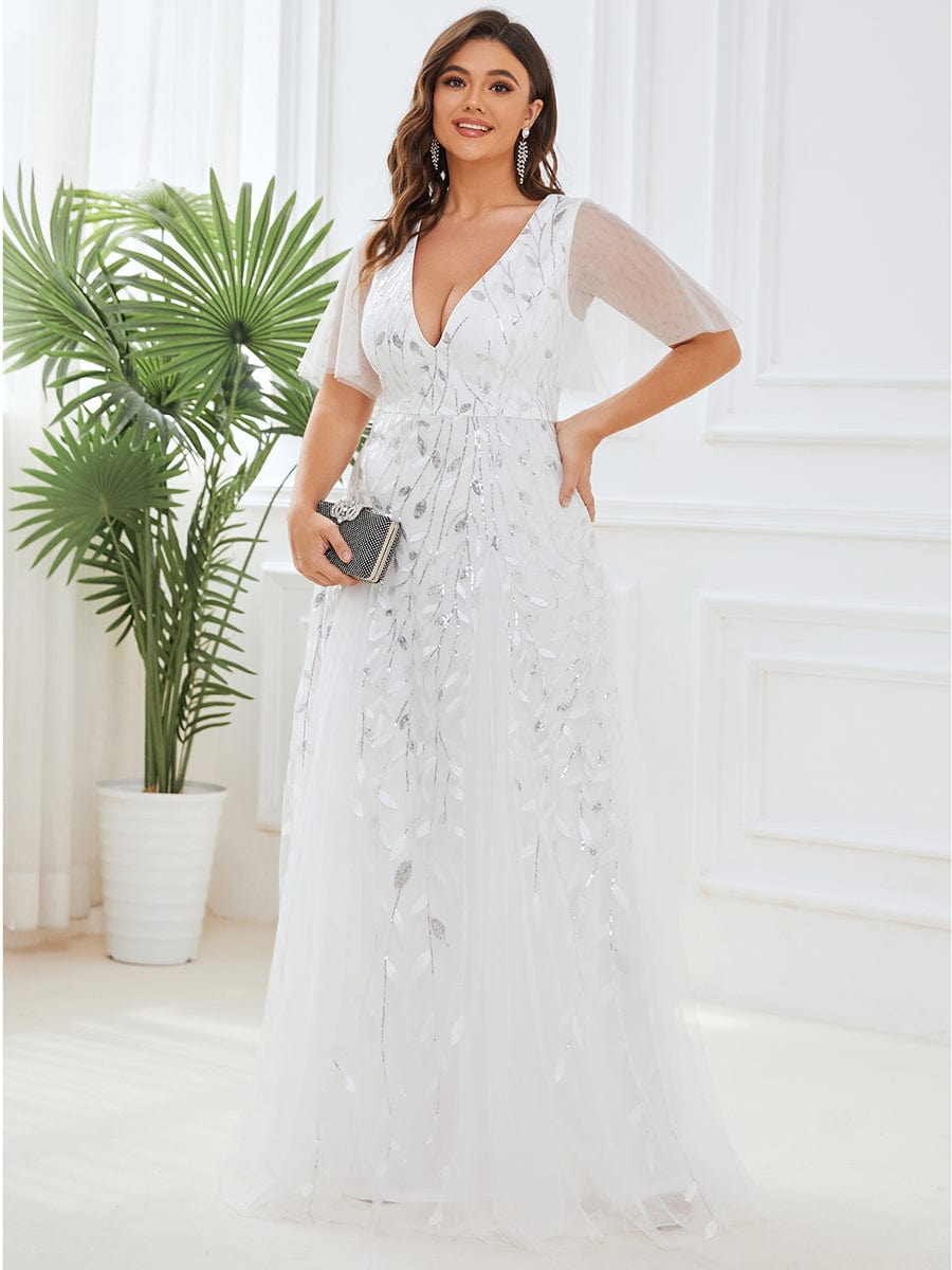 Romantic Shimmery V Neck Ruffle Sleeves Maxi Long Evening Gowns #color_White