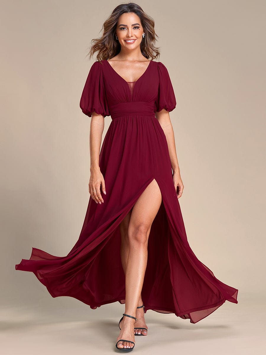 Short Sleeve V-Neck Front Slit Chiffon Evening Dress #Color_Burgundy