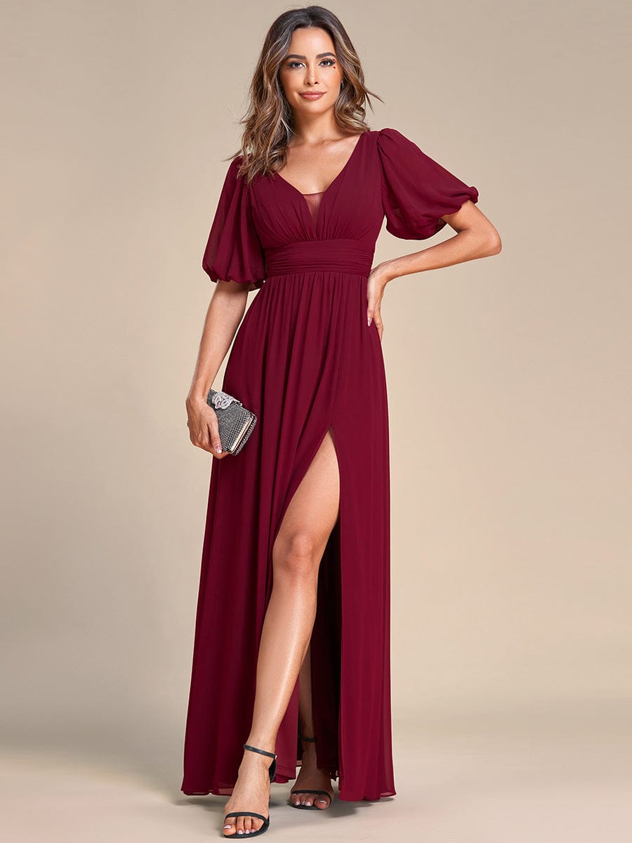 Short Sleeve V-Neck Front Slit Chiffon Evening Dress #Color_Burgundy