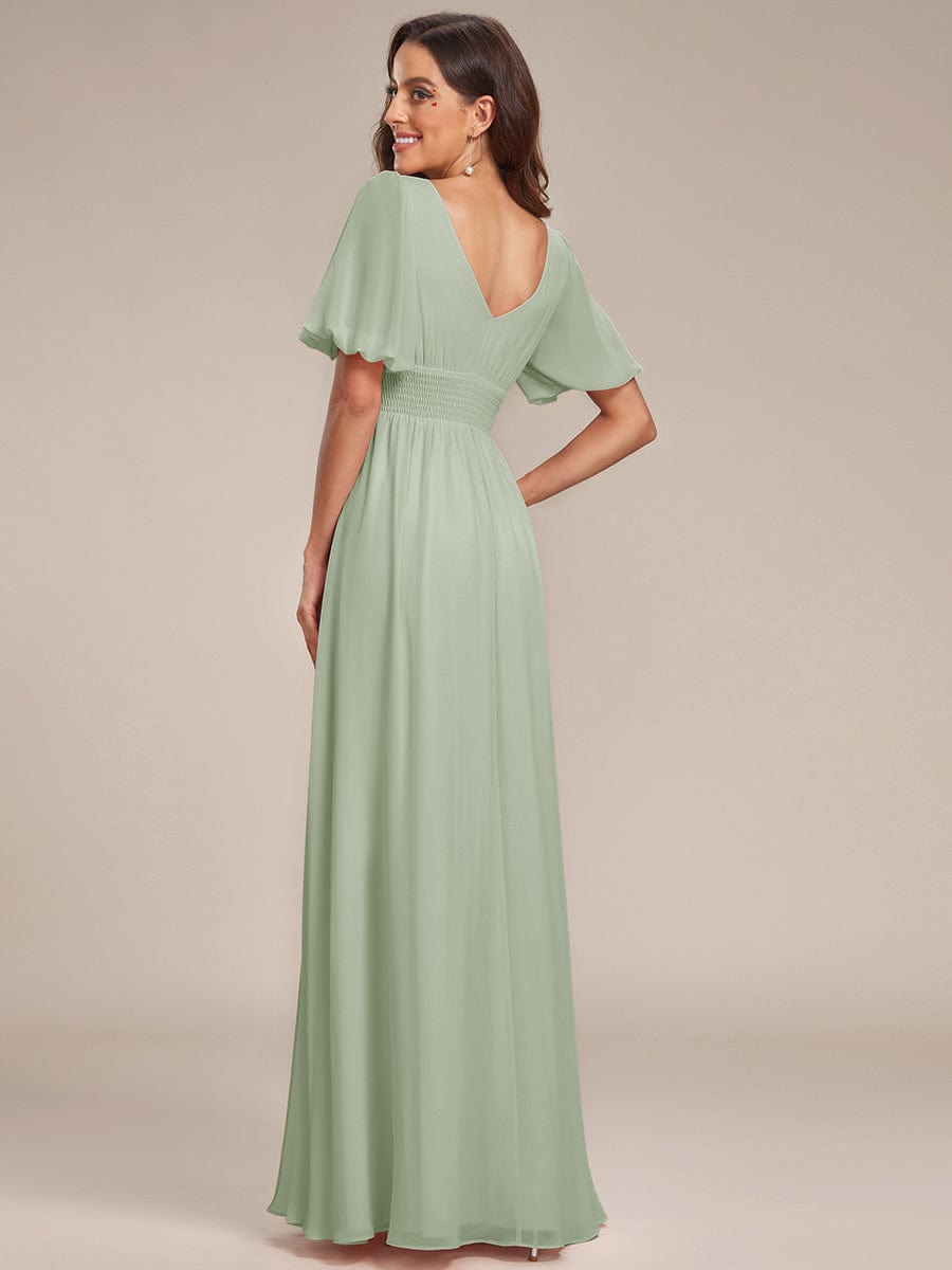 Short Sleeve V-Neck Front Slit Chiffon Evening Dress #color_Mint Green