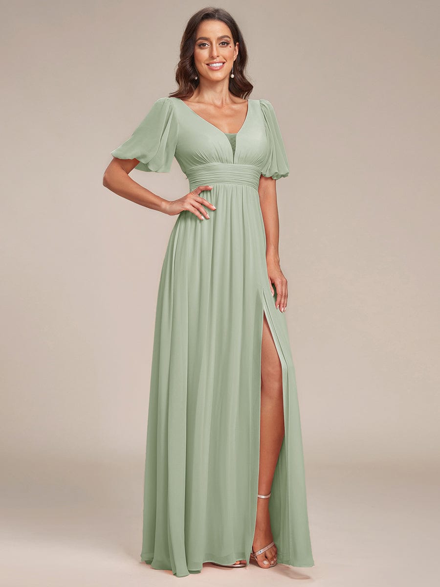 Short Sleeve V-Neck Front Slit Chiffon Evening Dress #color_Mint Green