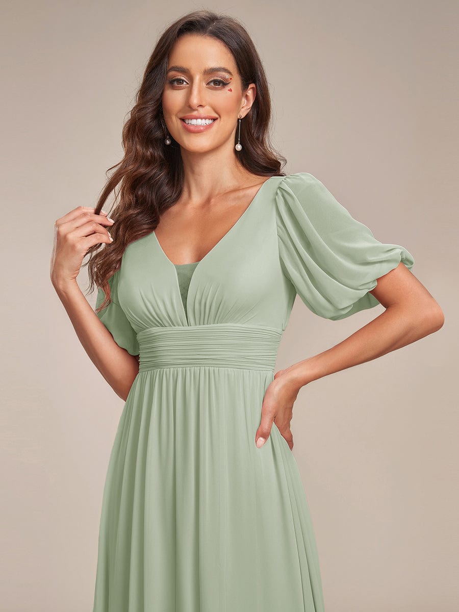 Short Sleeve V-Neck Front Slit Chiffon Evening Dress #color_Mint Green