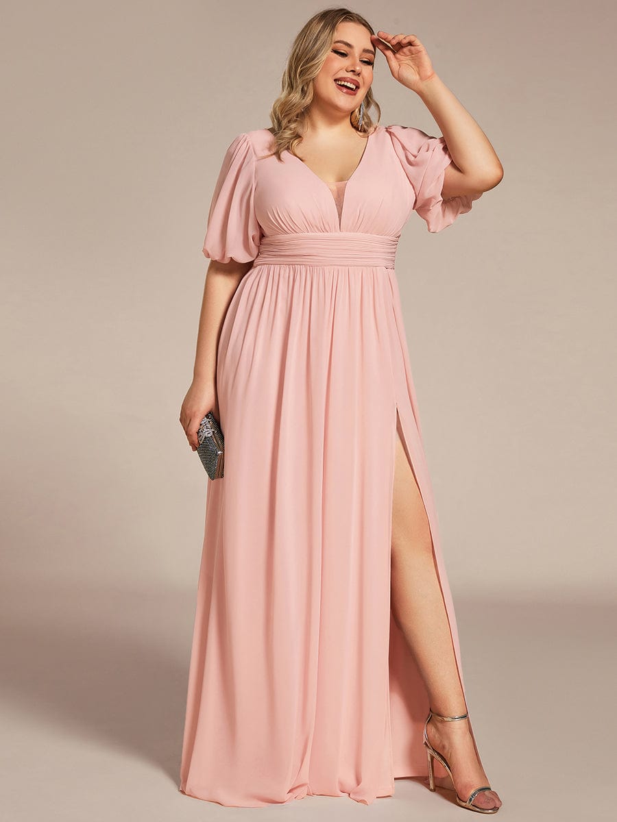 Short Sleeve V-Neck Front Slit Chiffon Evening Dress #Color_Pink