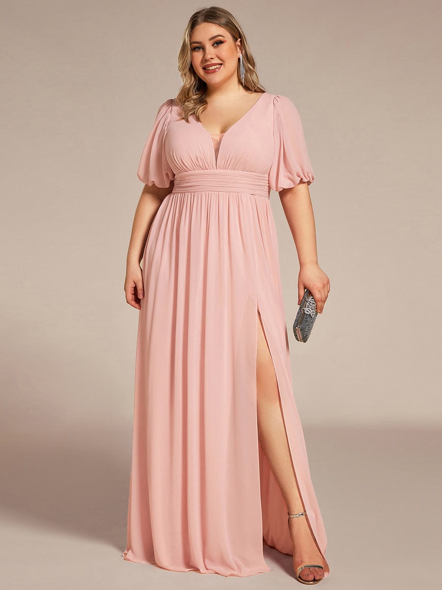 Short Sleeve V-Neck Front Slit Chiffon Evening Dress #Color_Pink