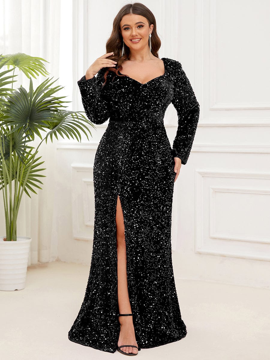 Sweetheart Long Sleeve Sequin Front Slit Bodycon Evening Dress #Color_Black