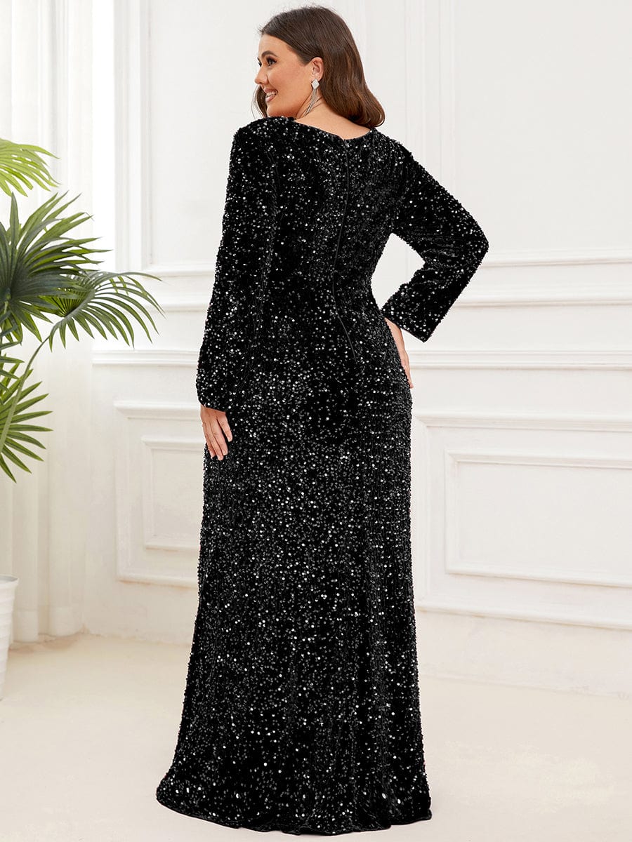 Sweetheart Long Sleeve Sequin Front Slit Bodycon Evening Dress #Color_Black