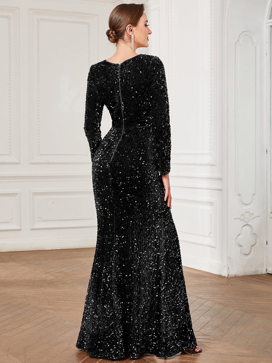 Sweetheart Long Sleeve Sequin Front Slit Bodycon Evening Dress #Color_Black