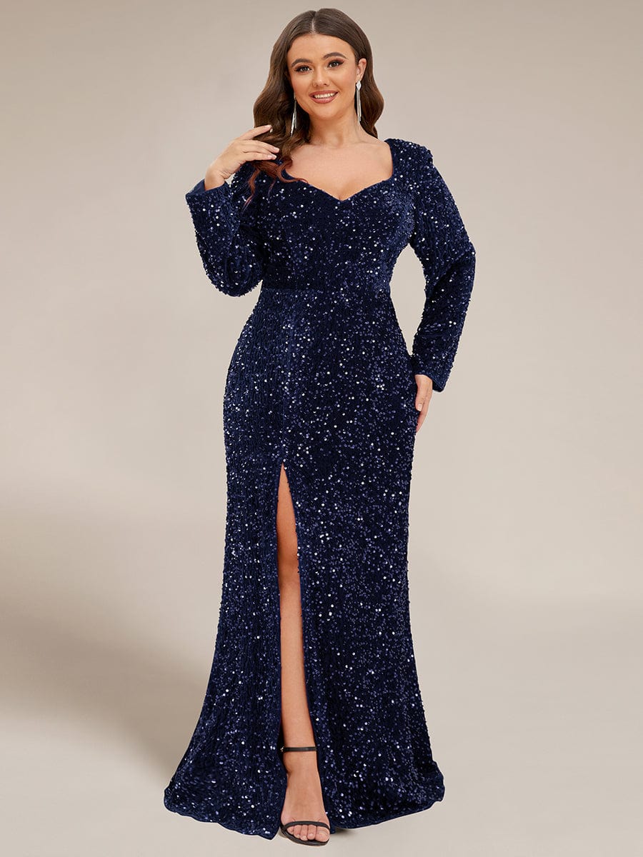 Sweetheart Long Sleeve Sequin Front Slit Bodycon Evening Dress #Color_Navy Blue