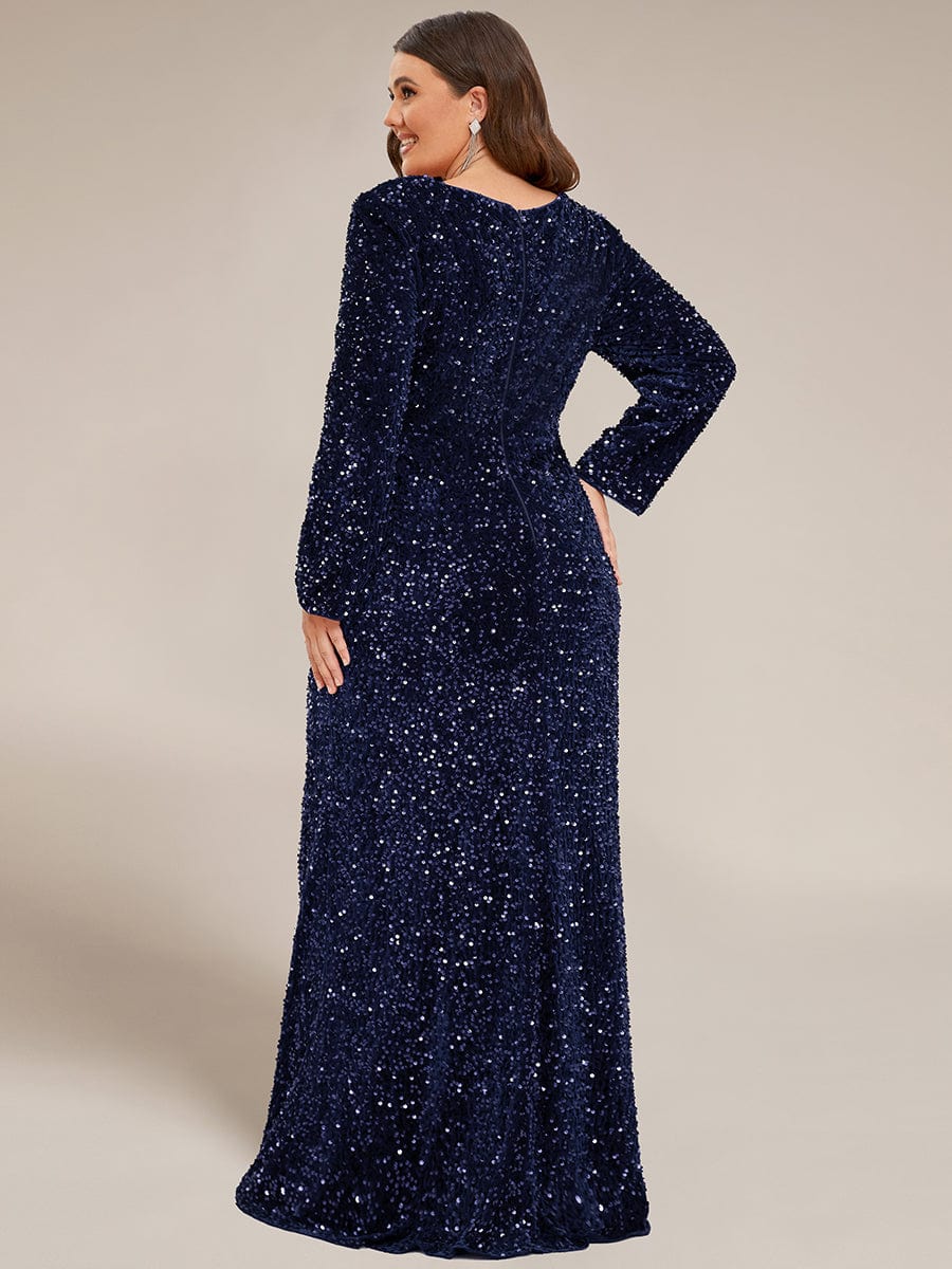 Sweetheart Long Sleeve Sequin Front Slit Bodycon Evening Dress #Color_Navy Blue