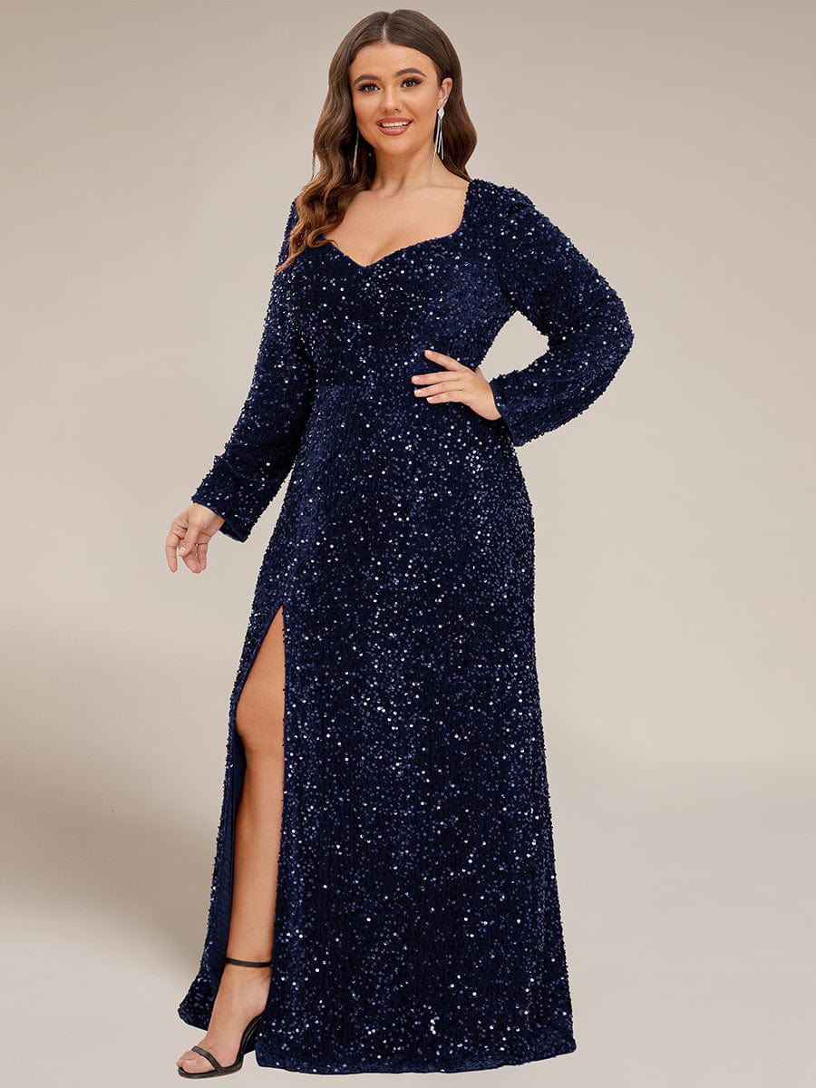 Sweetheart Long Sleeve Sequin Front Slit Bodycon Evening Dress #Color_Navy Blue