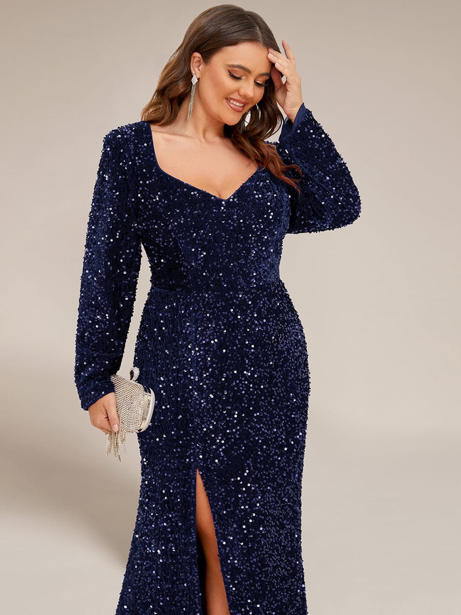 Sweetheart Long Sleeve Sequin Front Slit Bodycon Evening Dress #Color_Navy Blue