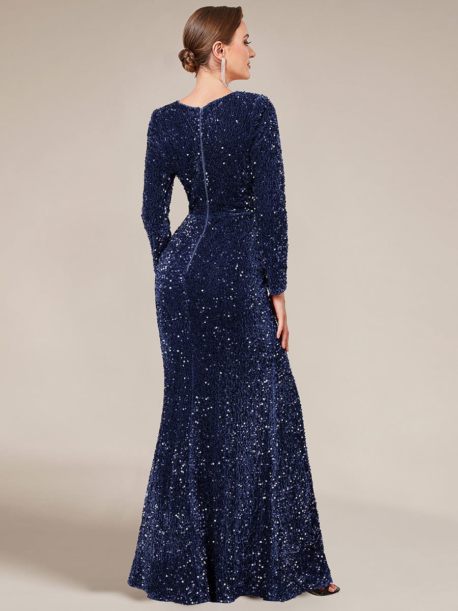 Sweetheart Long Sleeve Sequin Front Slit Bodycon Evening Dress #Color_Navy Blue