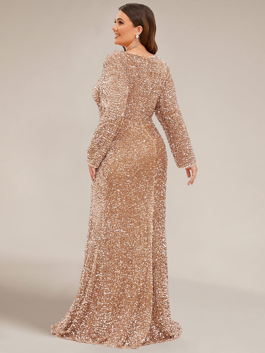 Sweetheart Long Sleeve Sequin Front Slit Bodycon Evening Dress #Color_Rose Gold