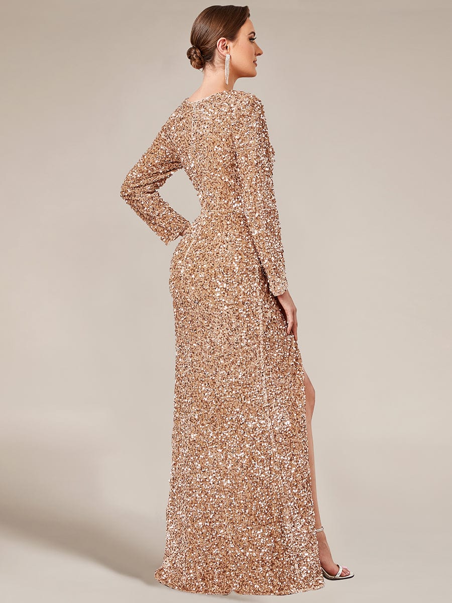 Sweetheart Long Sleeve Sequin Front Slit Bodycon Evening Dress #Color_Rose Gold