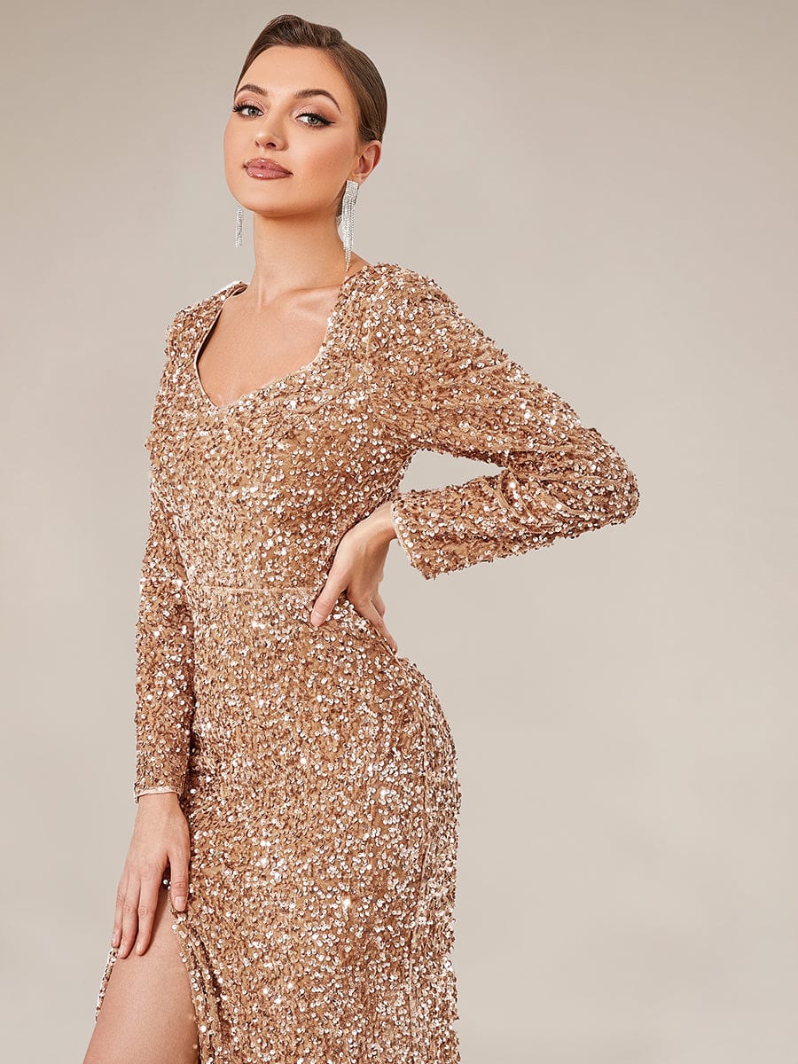 Sweetheart Long Sleeve Sequin Front Slit Bodycon Evening Dress #Color_Rose Gold