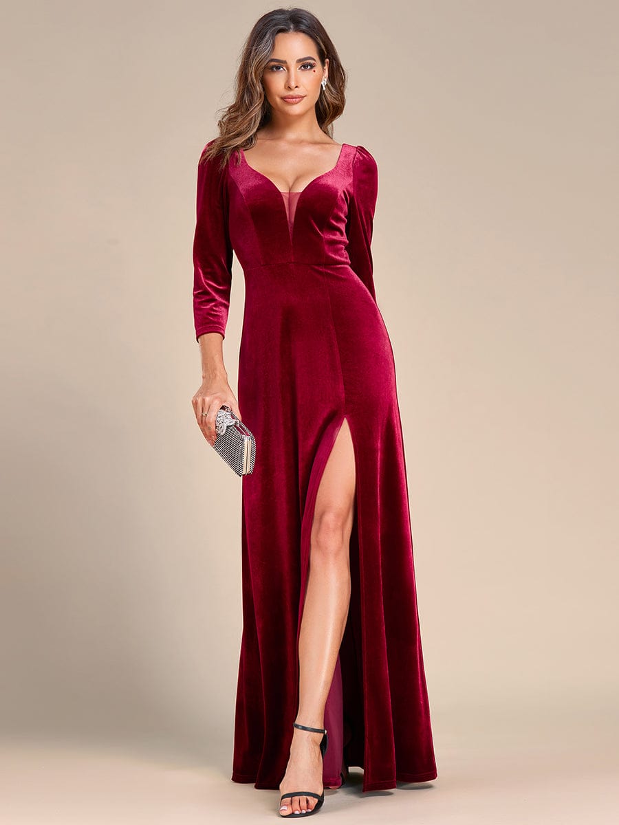 Velvet Plunging V-Neck Front Slit 3/4 Sleeve A-Line Evening Dress #Color_Burgundy