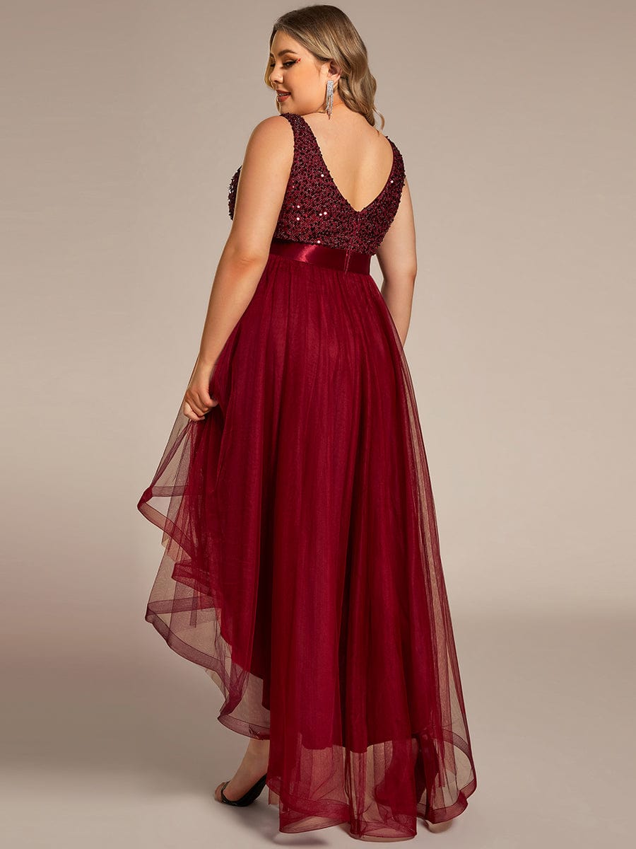 Sequin V-Neck Sleeveless High Low Evening Dress #color_Burgundy