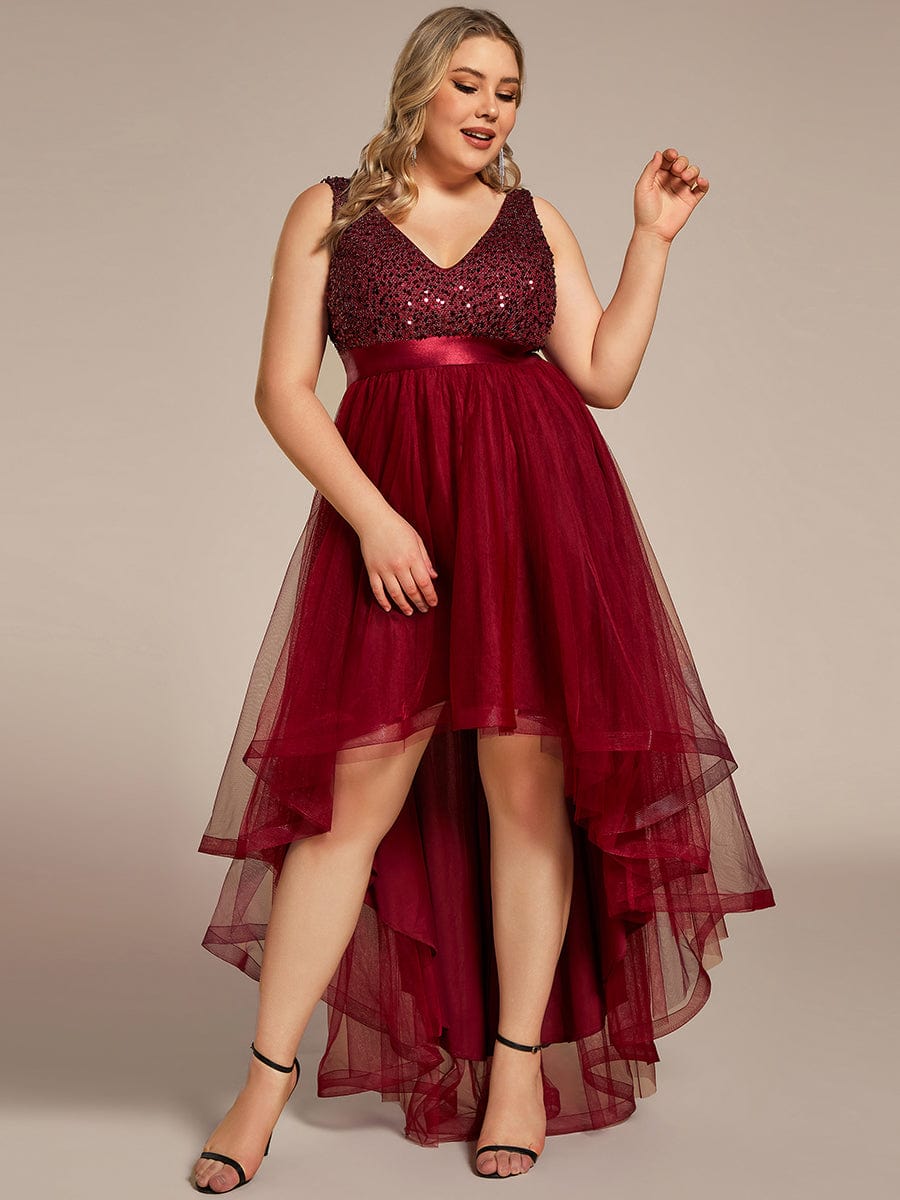 Sequin V-Neck Sleeveless High Low Evening Dress #color_Burgundy