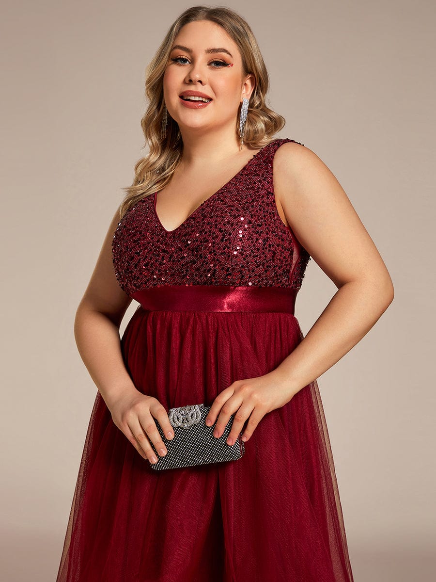 Sequin V-Neck Sleeveless High Low Evening Dress #color_Burgundy