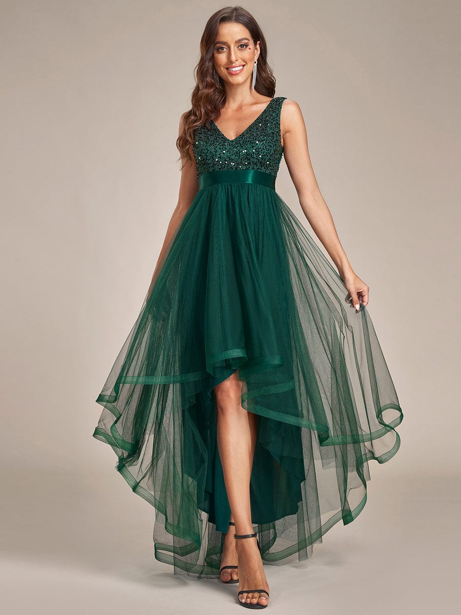 Sequin V-Neck Sleeveless High Low Evening Dress #color_Dark Green