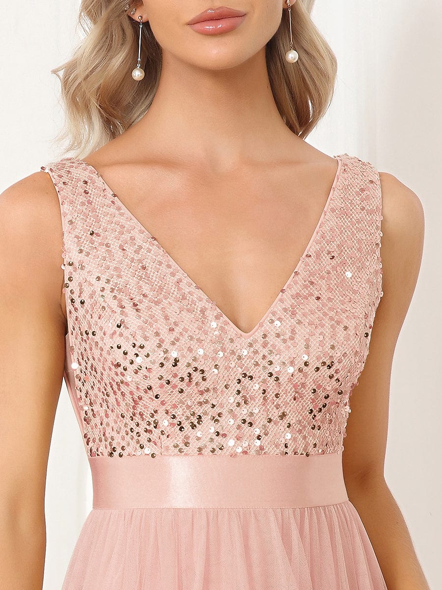 Sequin V-Neck Sleeveless High Low Evening Dress #color_Pink