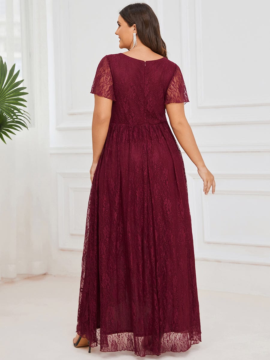 V-Neck Short Sleeve Pleated Ruffled Lace Evening Dress #Color_Burgundy