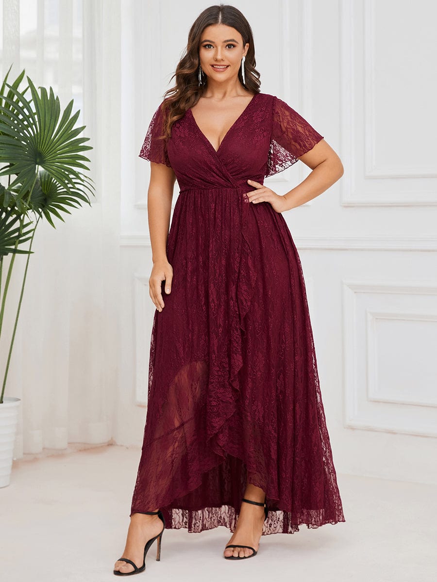 V-Neck Short Sleeve Pleated Ruffled Lace Evening Dress #Color_Burgundy