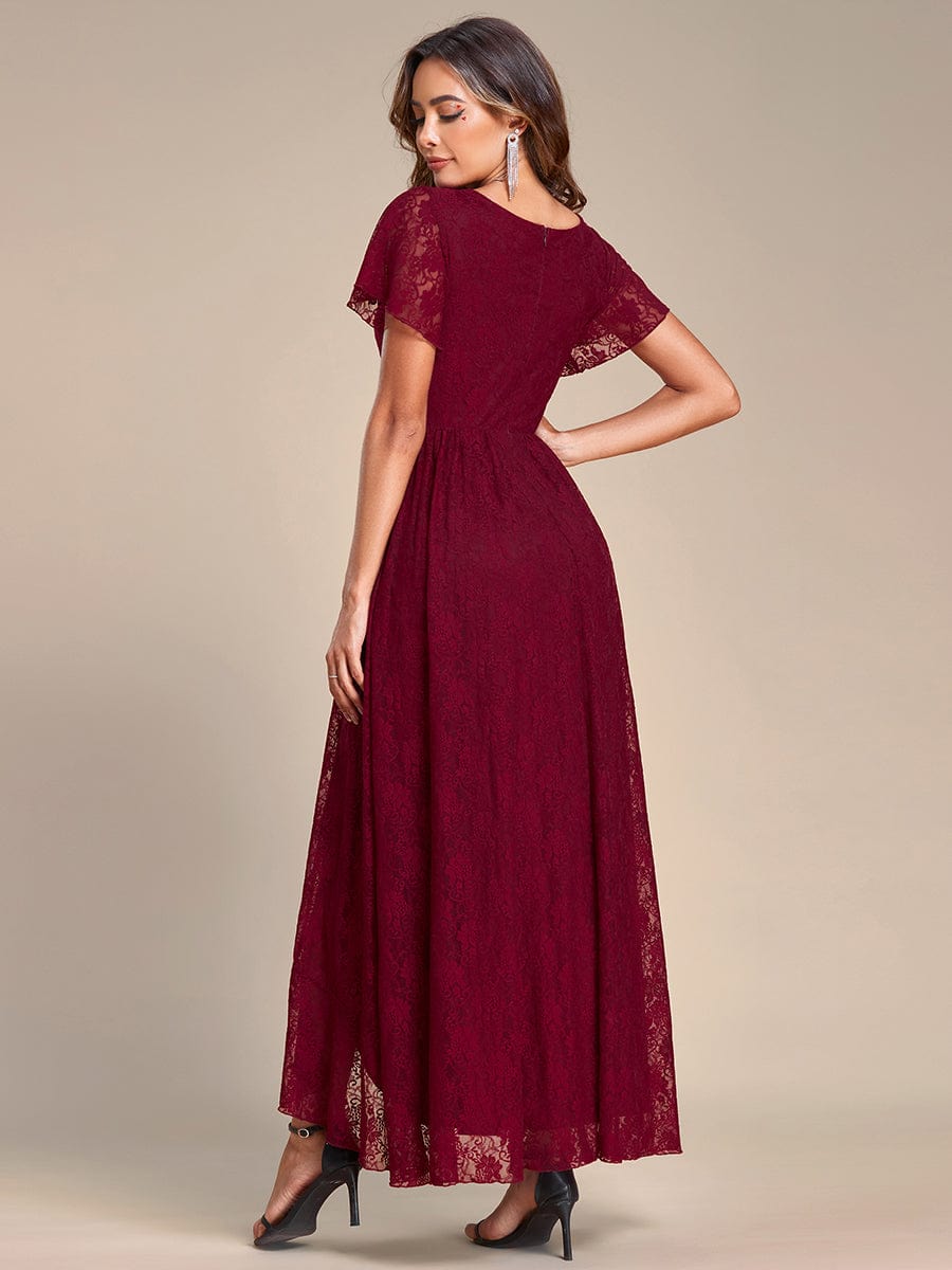 V-Neck Short Sleeve Pleated Ruffled Lace Evening Dress #Color_Burgundy