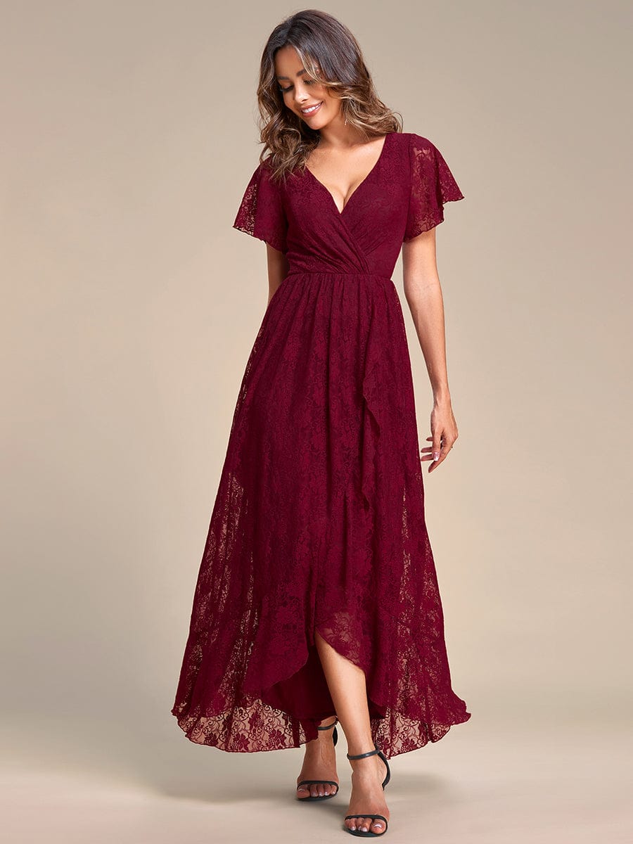 V-Neck Short Sleeve Pleated Ruffled Lace Evening Dress #Color_Burgundy