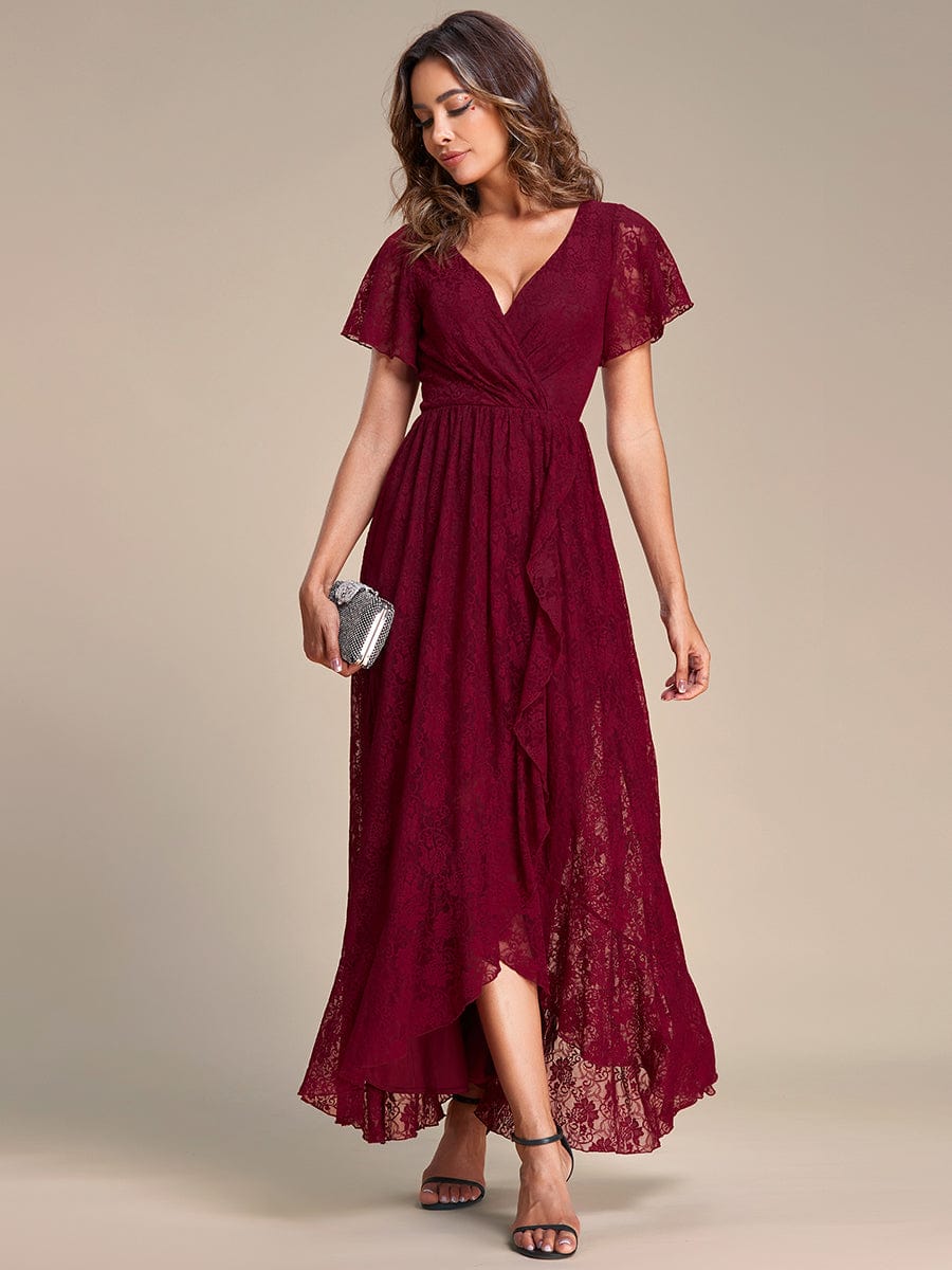 V-Neck Short Sleeve Pleated Ruffled Lace Evening Dress #Color_Burgundy