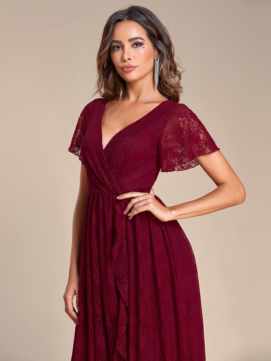 V-Neck Short Sleeve Pleated Ruffled Lace Evening Dress #Color_Burgundy