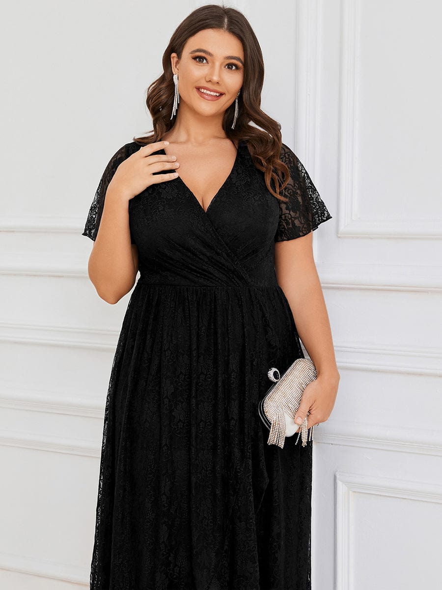 V-Neck Short Sleeve Pleated Ruffled Lace Evening Dress #Color_Black