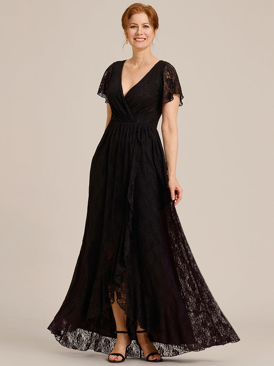 V-Neck Short Sleeve Pleated Ruffled Lace Evening Dress #Color_Black