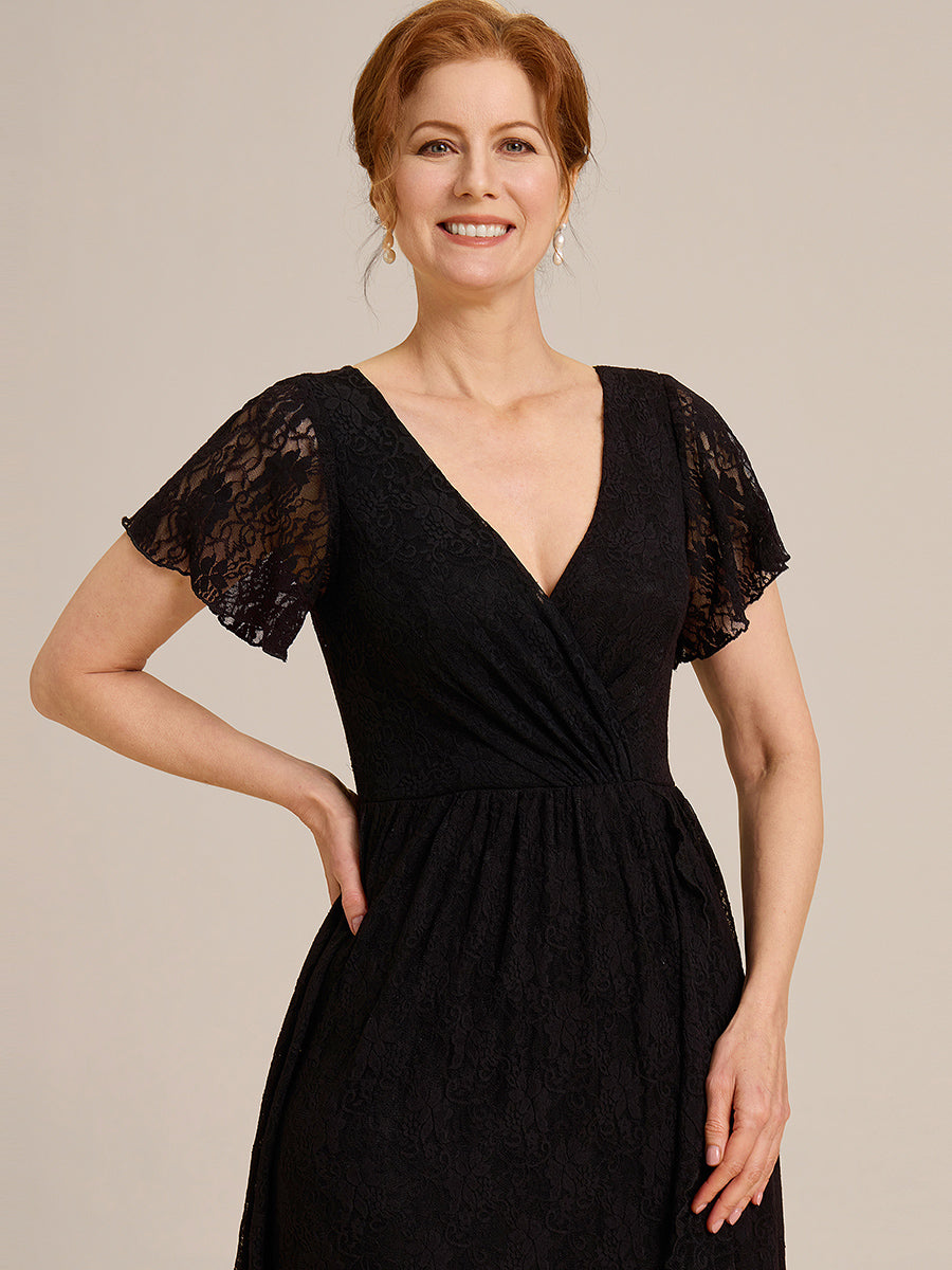 V-Neck Short Sleeve Pleated Ruffled Lace Evening Dress #Color_Black