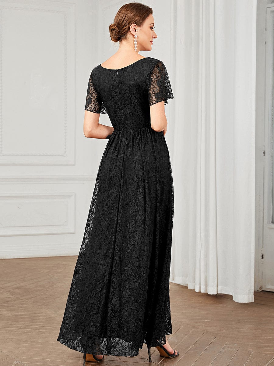 V-Neck Short Sleeve Pleated Ruffled Lace Evening Dress #Color_Black