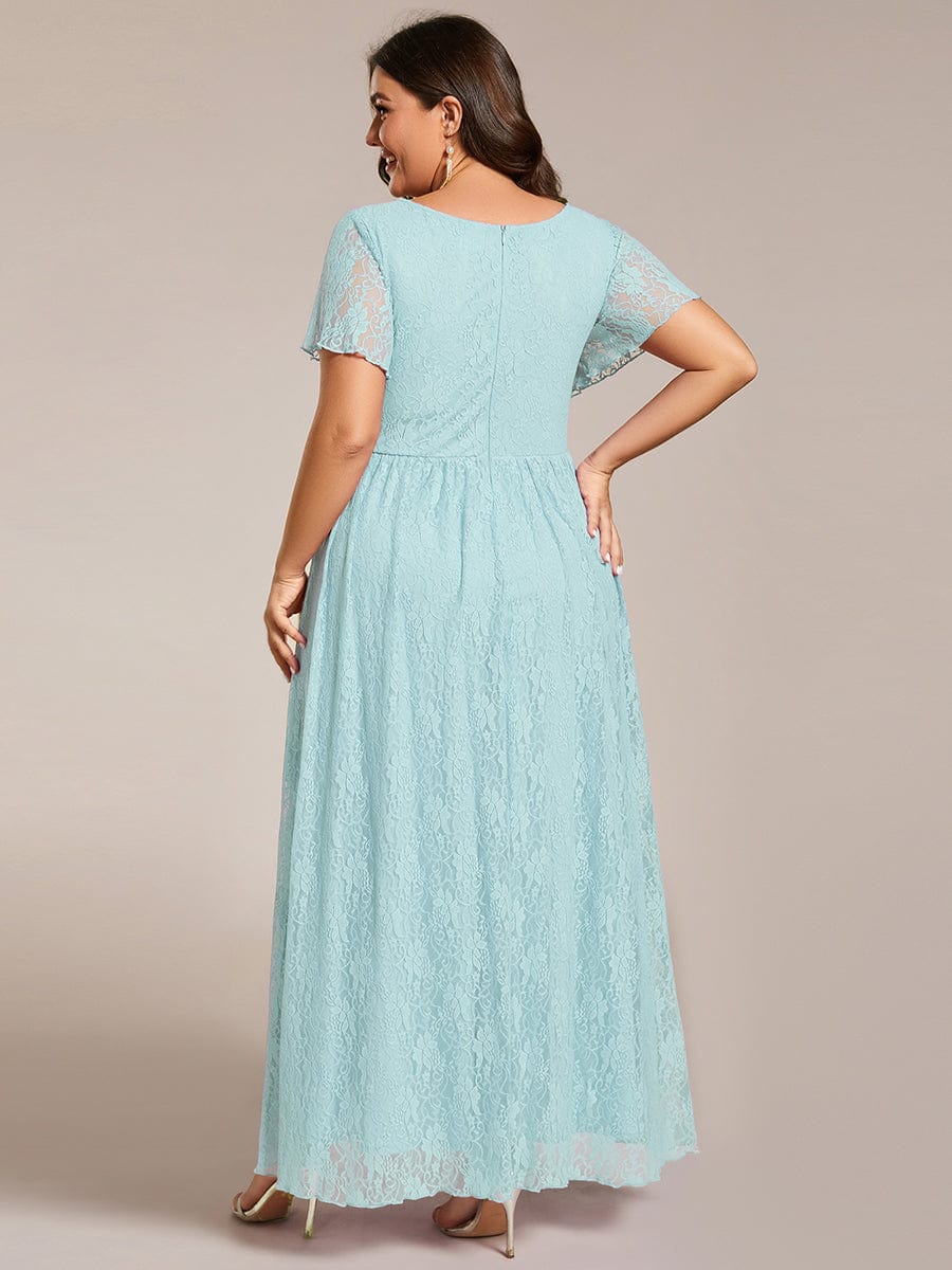 V-Neck Short Sleeve Pleated Ruffled Lace Evening Dress #Color_Sky Blue