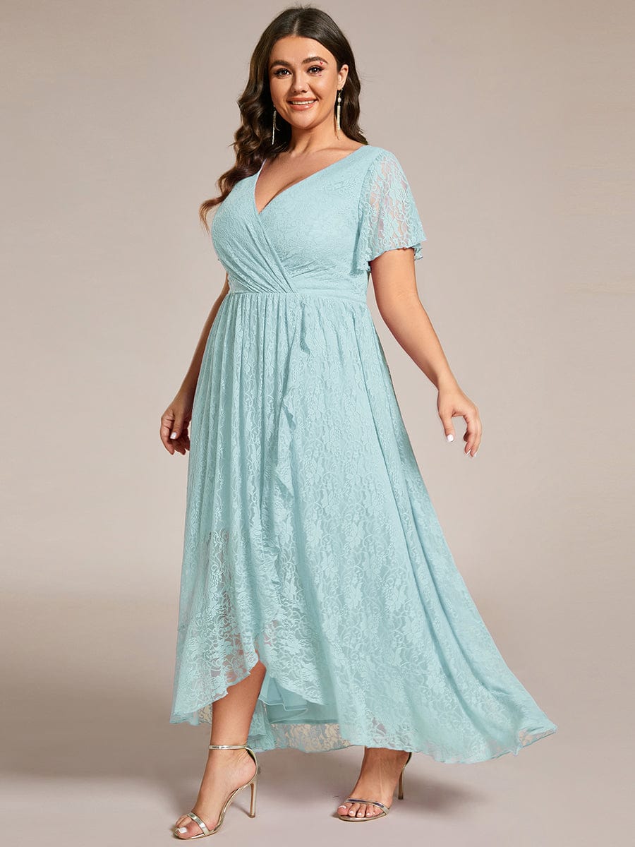 V-Neck Short Sleeve Pleated Ruffled Lace Evening Dress #Color_Sky Blue