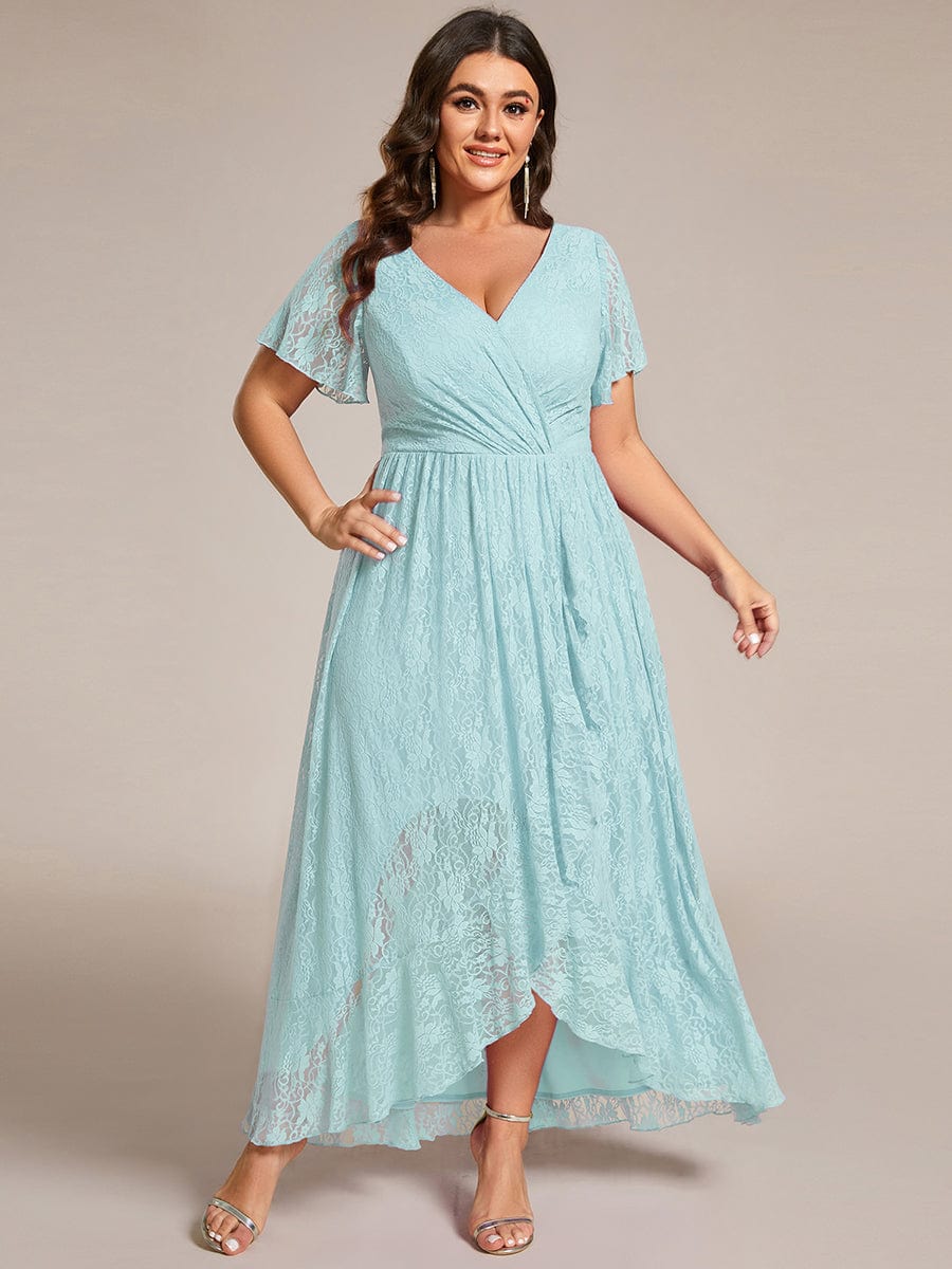 V-Neck Short Sleeve Pleated Ruffled Lace Evening Dress #Color_Sky Blue