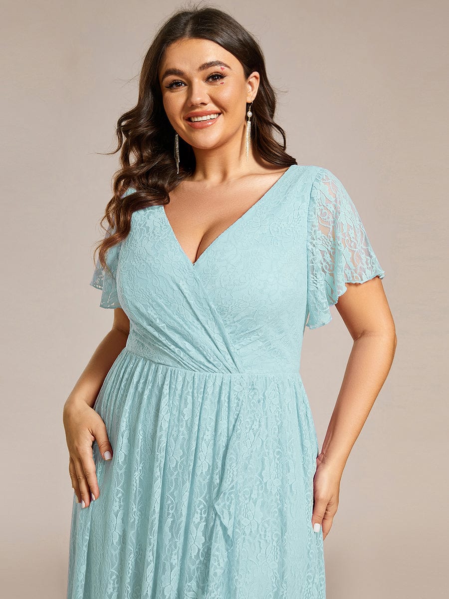 V-Neck Short Sleeve Pleated Ruffled Lace Evening Dress #Color_Sky Blue