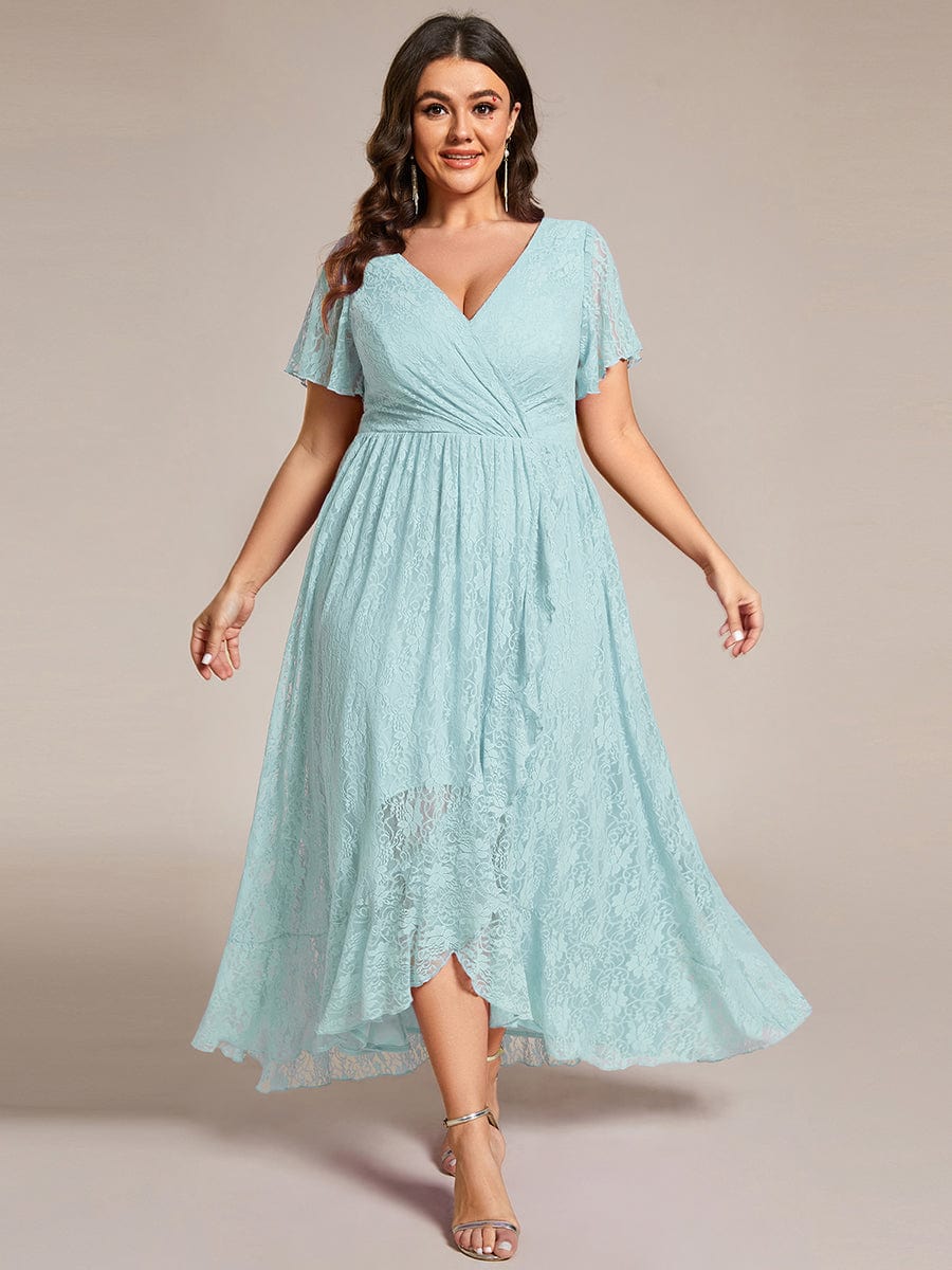 V-Neck Short Sleeve Pleated Ruffled Lace Evening Dress #Color_Sky Blue