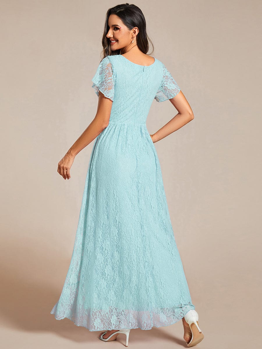 V-Neck Short Sleeve Pleated Ruffled Lace Evening Dress #Color_Sky Blue