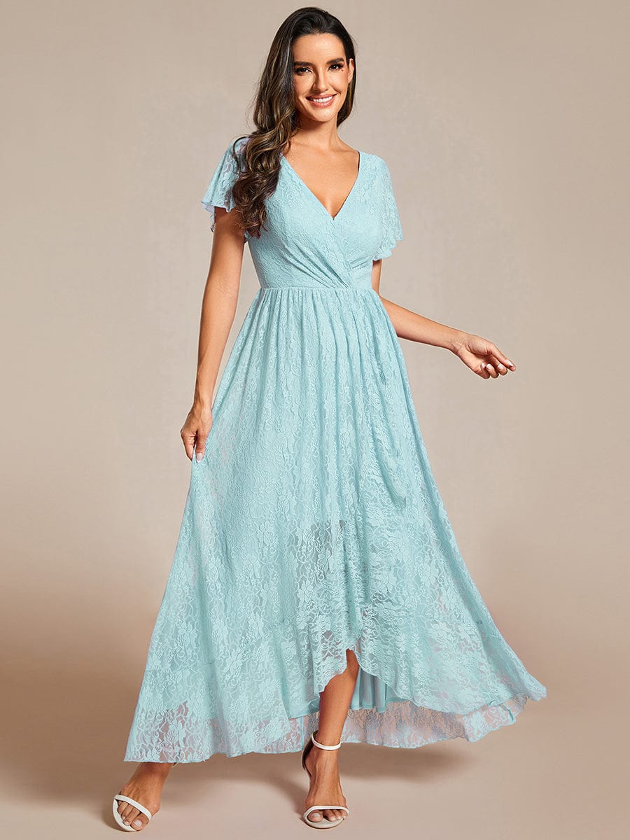 V-Neck Short Sleeve Pleated Ruffled Lace Evening Dress #Color_Sky Blue