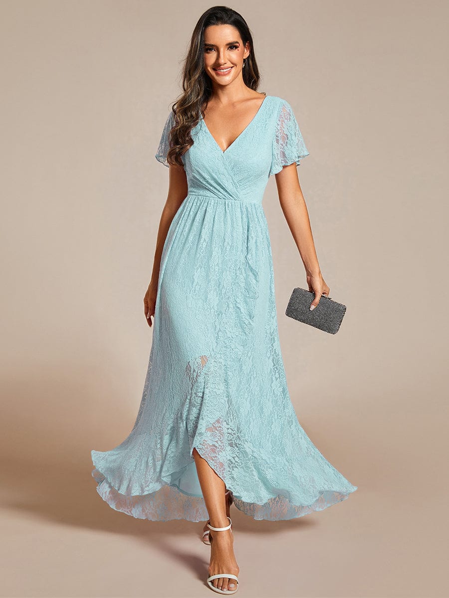 V-Neck Short Sleeve Pleated Ruffled Lace Evening Dress #Color_Sky Blue