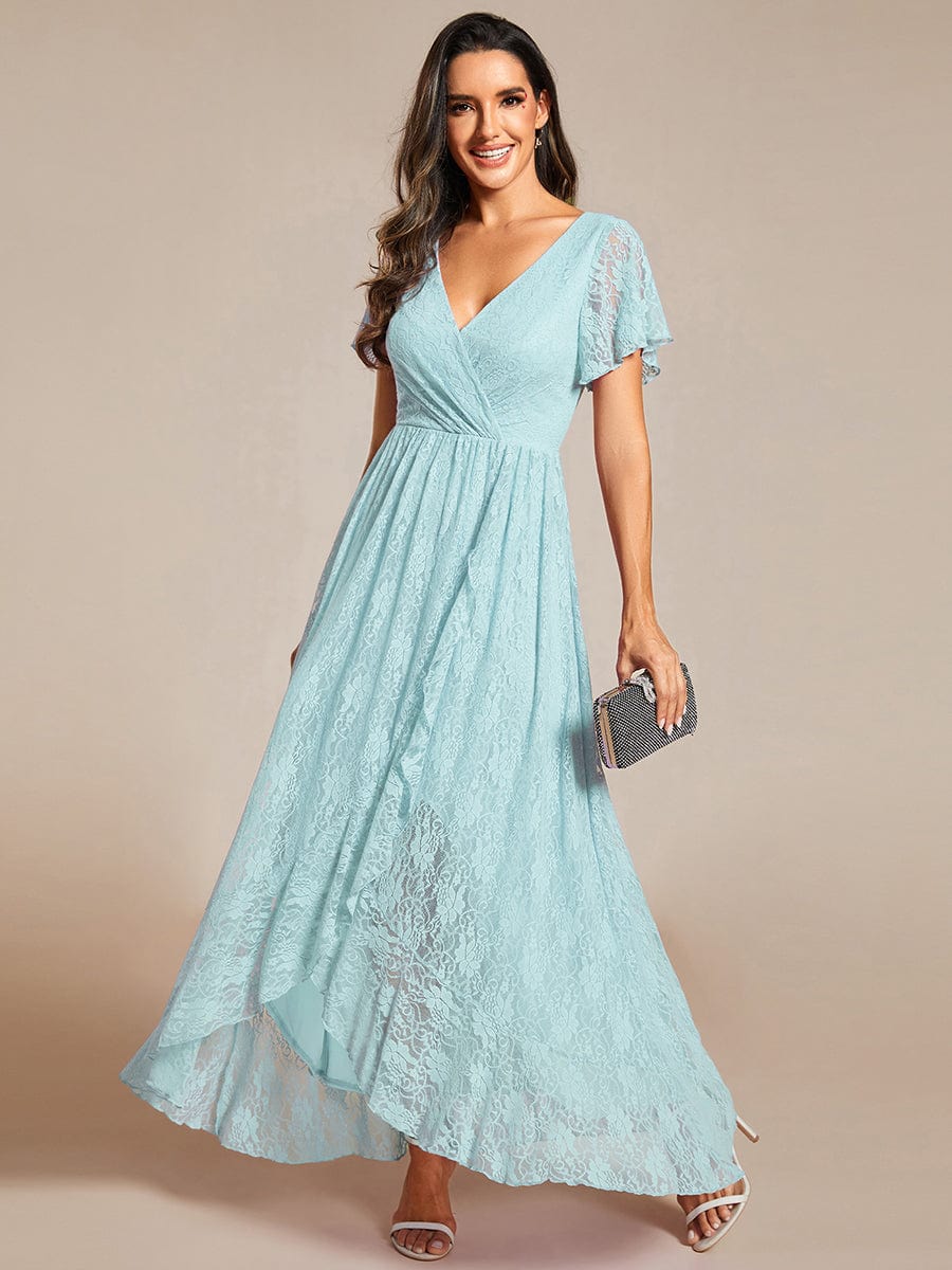 V-Neck Short Sleeve Pleated Ruffled Lace Evening Dress #Color_Sky Blue