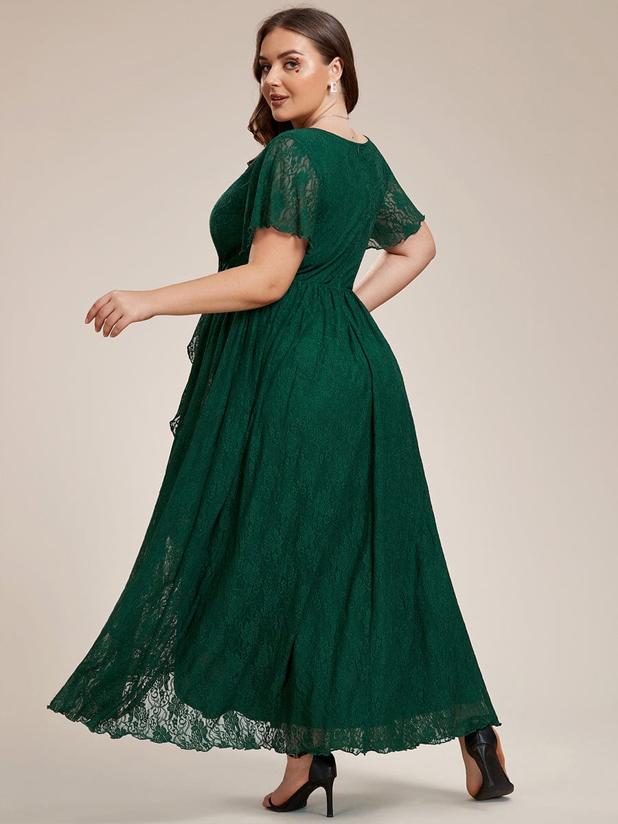 V-Neck Short Sleeve Pleated Ruffled Lace Evening Dress #Color_Dark Green