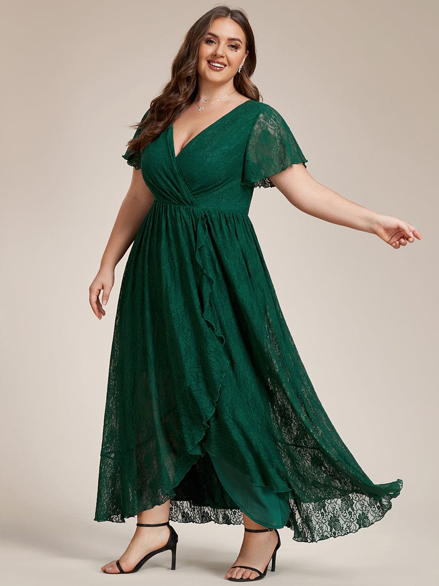 V-Neck Short Sleeve Pleated Ruffled Lace Evening Dress #Color_Dark Green