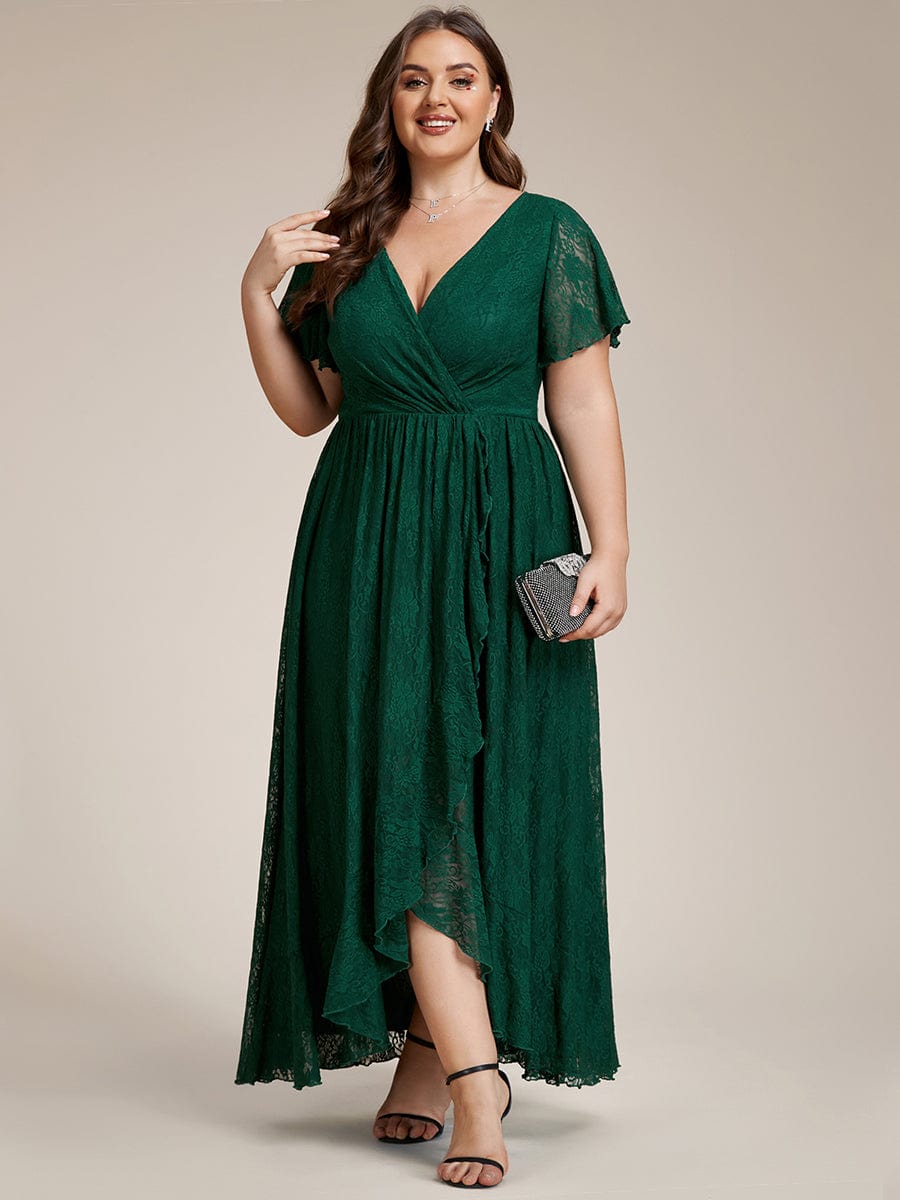 V-Neck Short Sleeve Pleated Ruffled Lace Evening Dress #Color_Dark Green