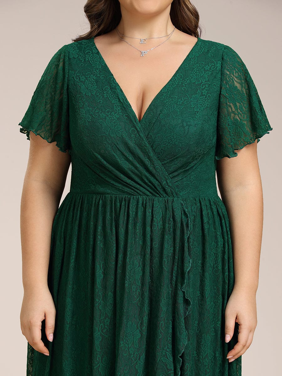 V-Neck Short Sleeve Pleated Ruffled Lace Evening Dress #Color_Dark Green