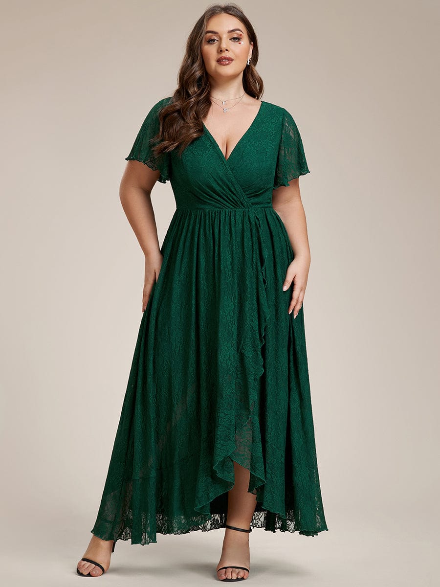 V-Neck Short Sleeve Pleated Ruffled Lace Evening Dress #Color_Dark Green