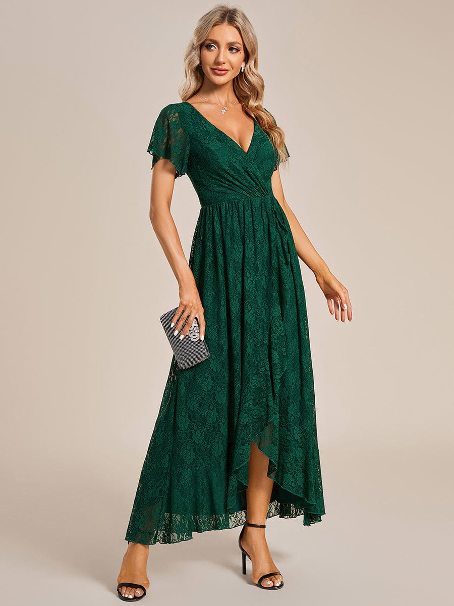 V-Neck Short Sleeve Pleated Ruffled Lace Evening Dress #Color_Dark Green